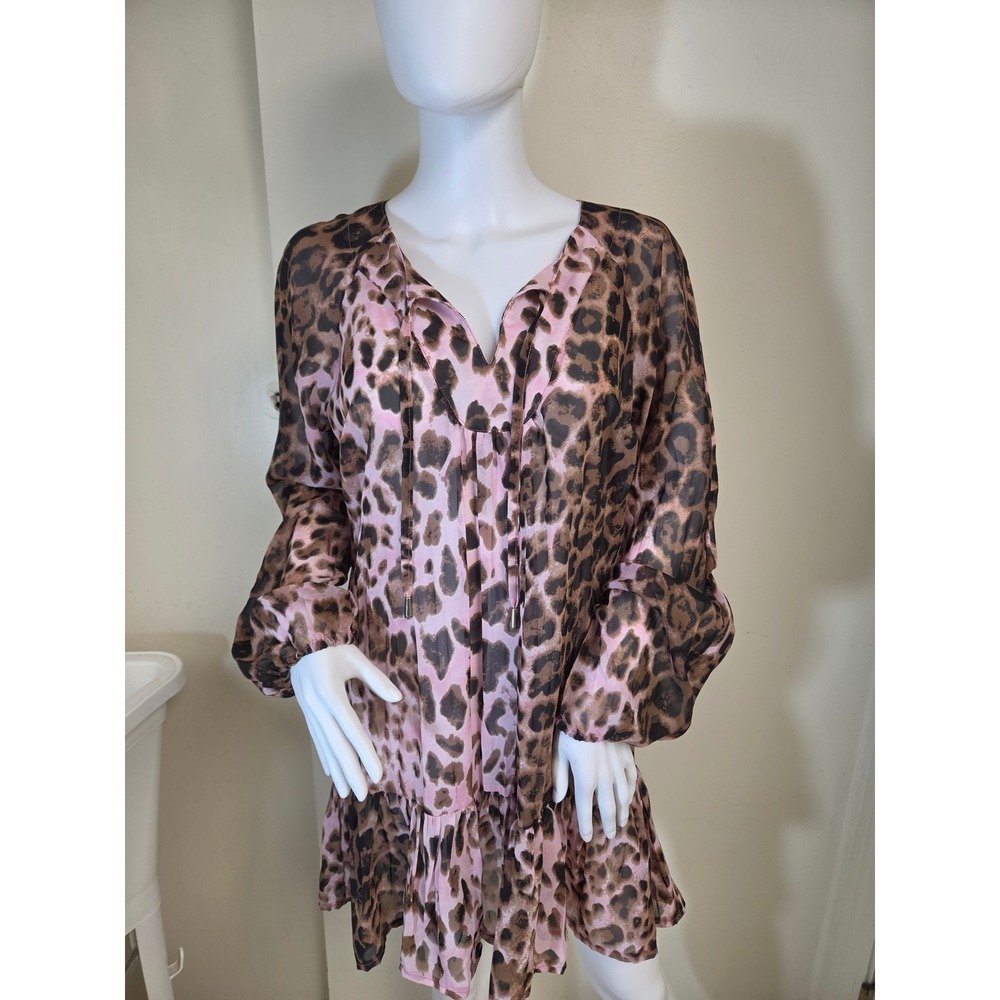 Bebe Popsy Tunic Dress Pink Leopard Animal Print Ruffle Hem Made in France Med